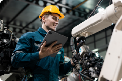 man with a clipboard wearing a hard hat and looking at some equipment