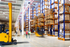 a high warehouse with forklifts